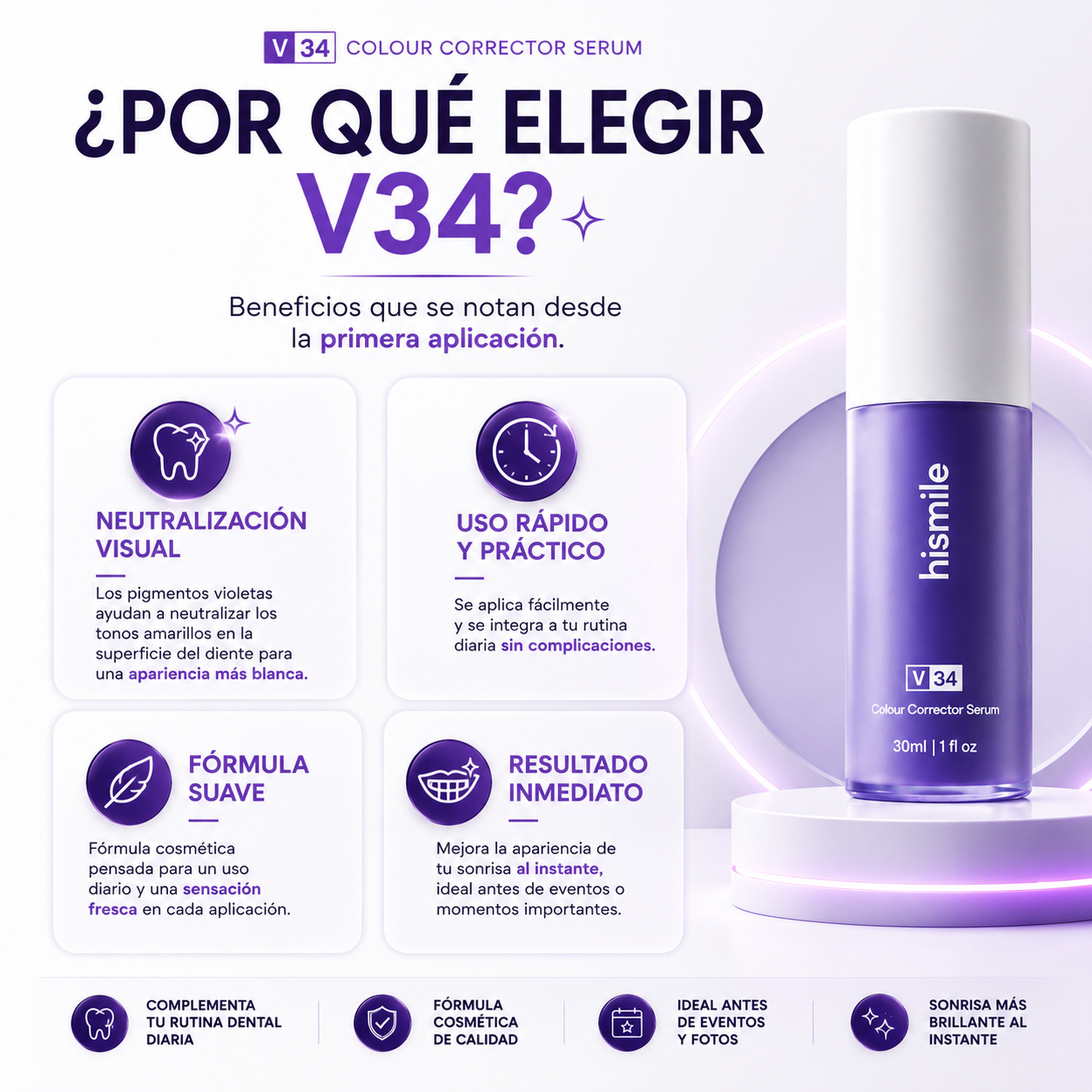 HISMILE V34 CORRECTOR DENTAL MORADO 30 ML — SONRISA VISUALMENTE MÁS BLANCA EN MINUTOS 💜✨
