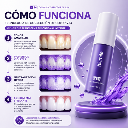 HISMILE V34 CORRECTOR DENTAL MORADO 30 ML — SONRISA VISUALMENTE MÁS BLANCA EN MINUTOS 💜✨