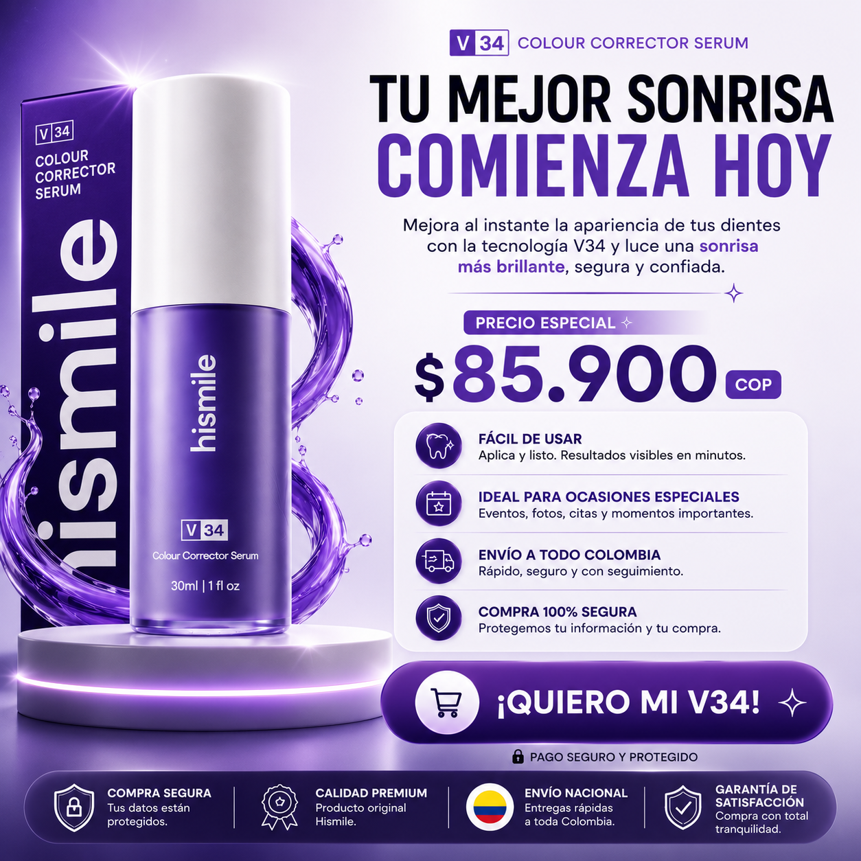 HISMILE V34 CORRECTOR DENTAL MORADO 30 ML — SONRISA VISUALMENTE MÁS BLANCA EN MINUTOS 💜✨