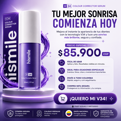 HISMILE V34 CORRECTOR DENTAL MORADO 30 ML — SONRISA VISUALMENTE MÁS BLANCA EN MINUTOS 💜✨