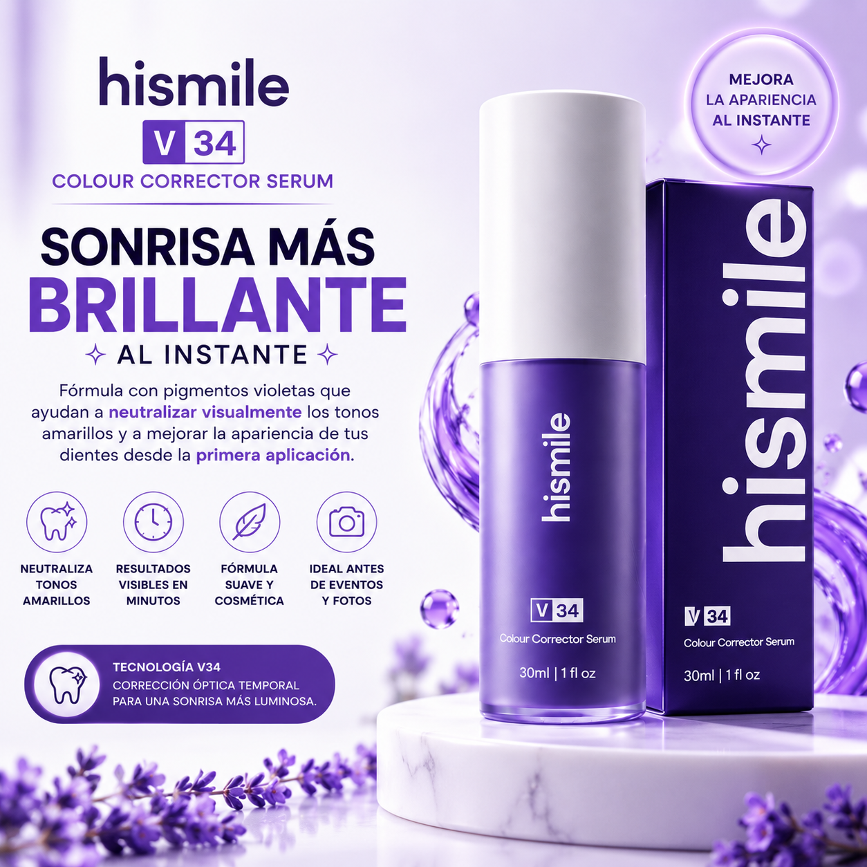 HISMILE V34 CORRECTOR DENTAL MORADO 30 ML — SONRISA VISUALMENTE MÁS BLANCA EN MINUTOS 💜✨
